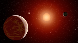 Взгляд художника на красный карлик и три планеты около него (space.com)