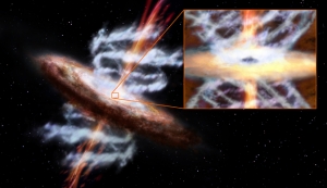 Черные дыры производят как узкие потоки частиц (оранжевые), так и широкие потоки газа (светло-голубой), замедляющие звездообразование (nasa.gov)
