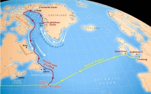 Путь Титаника и возможный путь гренландского айсберга (space.com)