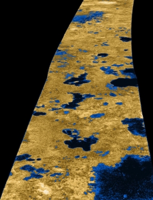 Изображение метановых или этановых озер на Титане в псевдоцветах  (nasa.gov)