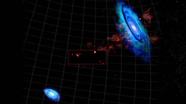 Наложение рисунка галактик М31 и М33 и снимка облаков (phys.org)