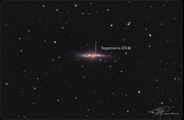 Галактика Месье 82 и местоположение взрыва в ней (phys.org)