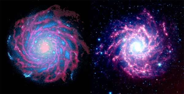 Слева - изображение смоделированной галактики, справа - спиральная галактика М74 (uzh.ch)