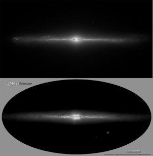 Сверху - изображение смоделированной галактики, снизу - Млечный путь в инфракрасном диапазоне (uzh.ch)