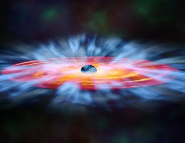 Турбулентные потоки около черной дыры. Часть газа падает на нее, но часть вырывается с огромной скоростью (sron.nl)