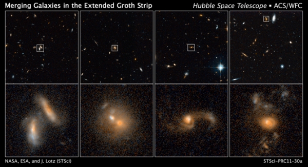 Четыре снимка Хаббла, показывающие сталкивающиеся галактики на разных этапах смешения (nasa.gov)