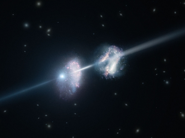 Взгляд художника на гамма-вспышку, пронизывающую две галактики (eso.org)