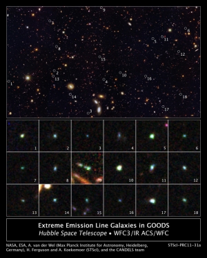 18 карликовых галактик молодой Вселенной (nasa.gov)