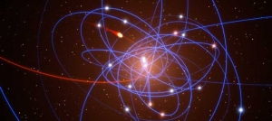 Модедирование пути облака газа (красная орбита) и звезд (синие орбиты) около черной дыры в центре Млечного пути (berkeley.edu/)